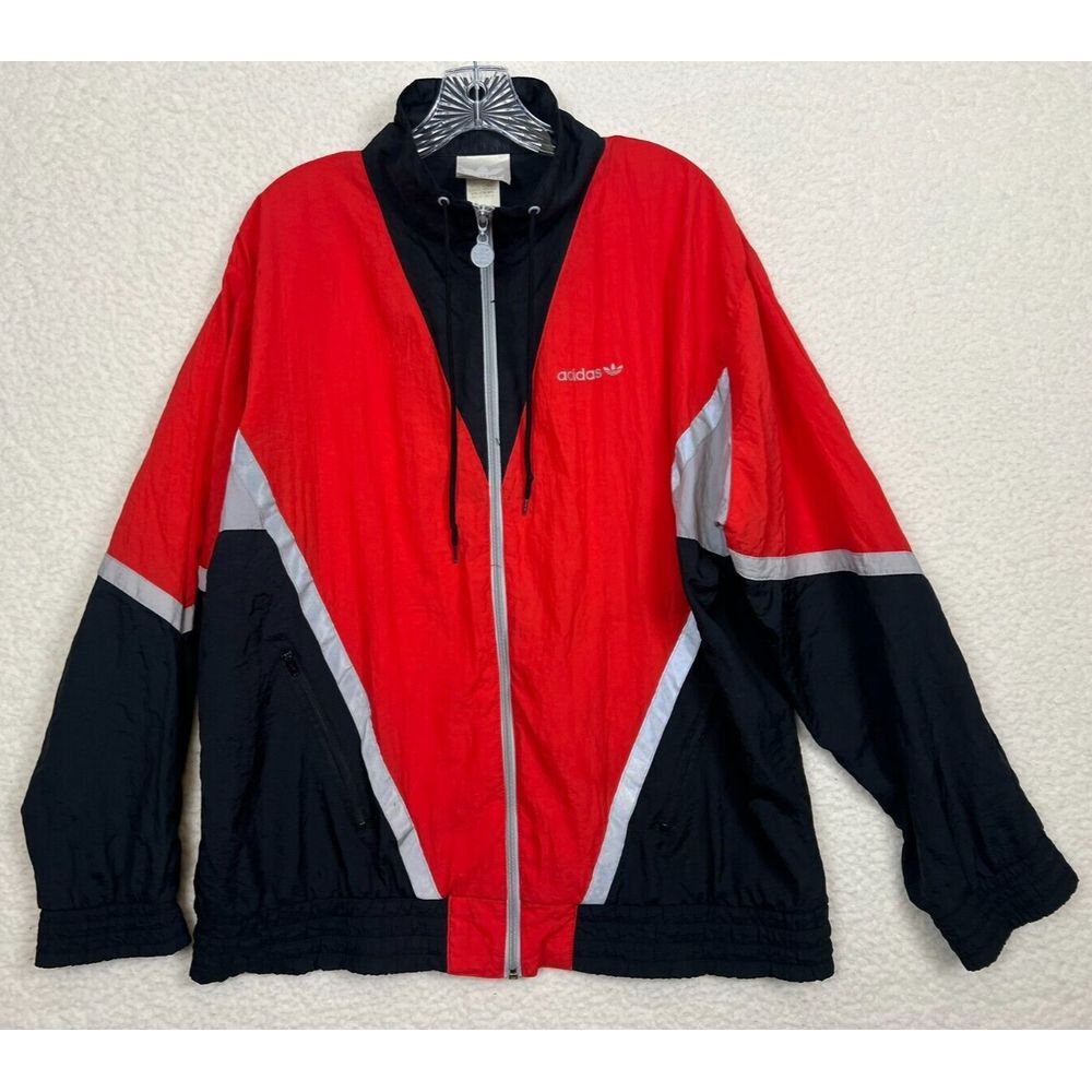 Adidas Jacket Mens Large Windbreaker Vintage 1990's Red Black‎ Reflective Track